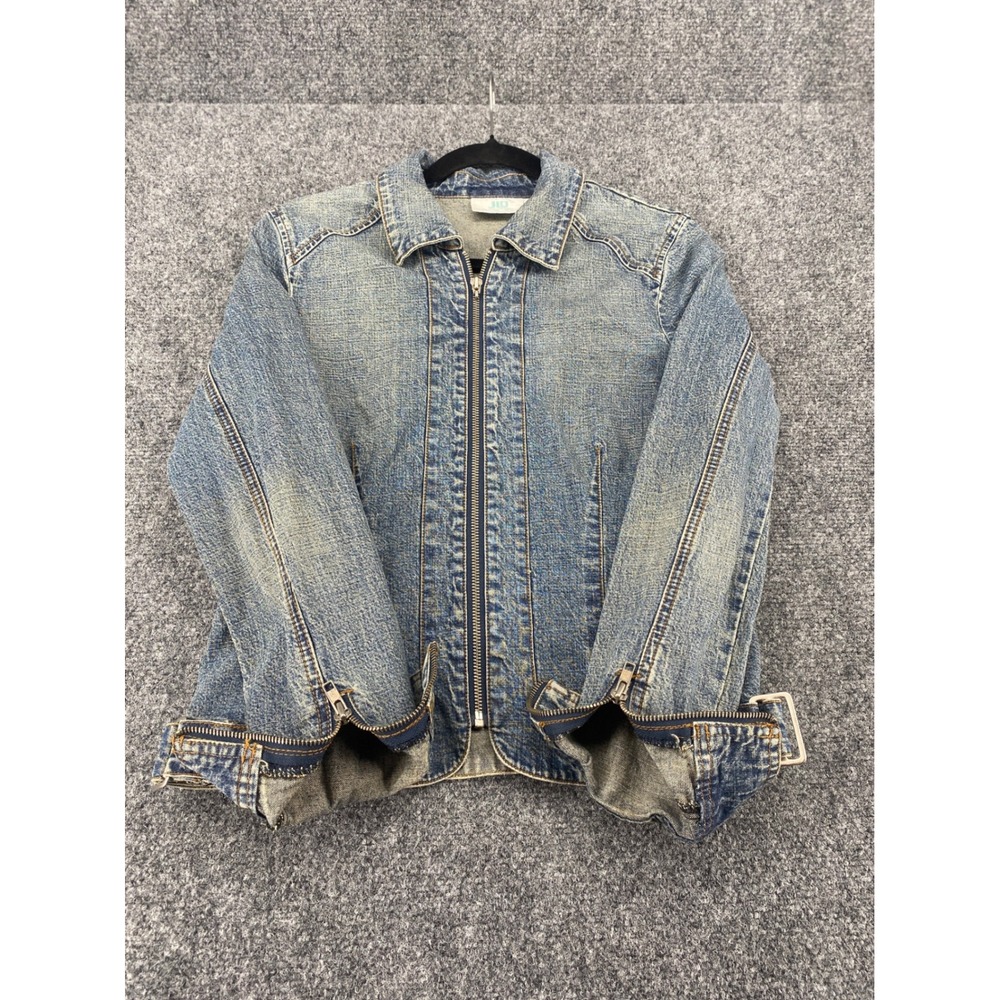 JLO Jennifer Lopez Denim Jacket Full Zip Moto Trucker Womens Large Blue Vintage